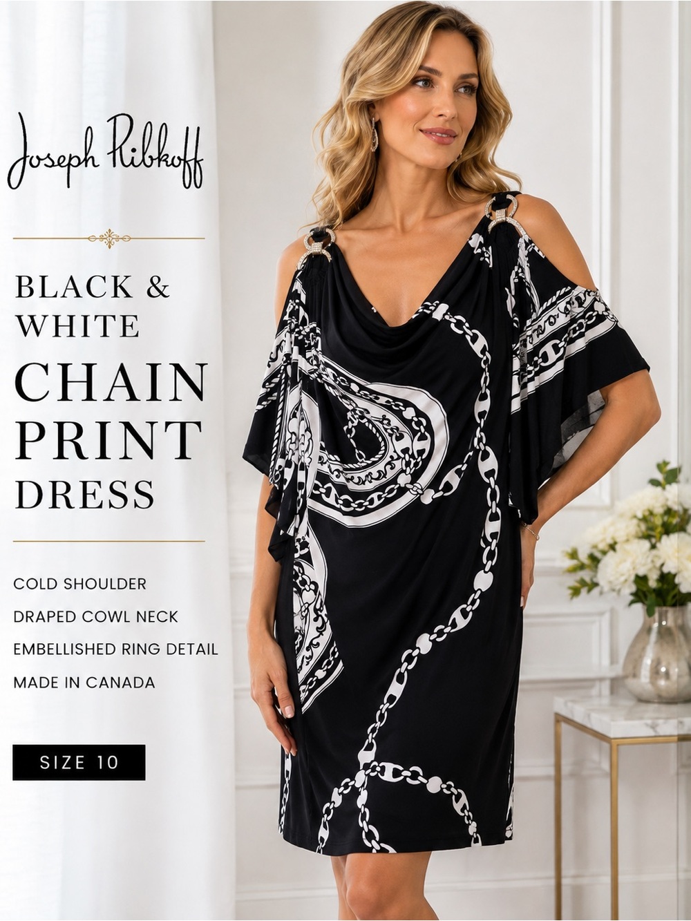 Joseph Ribkoff Black White Chain Print Cold Shoulder Dress Size 10